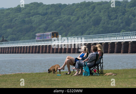 Minthorpe, Cumbria, Regno Unito. Il 6 giugno, 2016. I visitatori osservano come Carlisle treno passa sul fiume Kent via Arnside viadotto per Arnside stazione, Cumbria dove temperature hit 26 gradi celsius. Credito: John Eveson/Alamy Live News Foto Stock