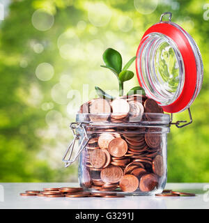 Banca di vetro vaso con monete e germoglio crescente su albero verde dello sfondo. Risparmio di denaro concept Foto Stock