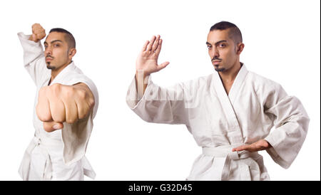 Collage di karate player in kimono isolato su bianco Foto Stock