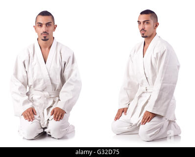 Collage di karate player in kimono isolato su bianco Foto Stock