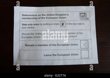Riempito nel voto cartaceo per British UE referendum segnato come "main' Foto Stock