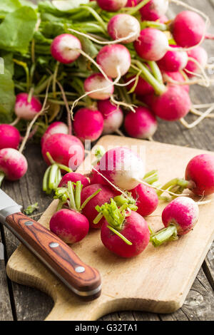 Ravanelli freschi sulla vecchia scheda di taglio con il coltello. Sana rosso vegetale ravanelli. Foto Stock