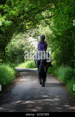Cavaliere a cavallo su un vicolo del paese nella campagna inglese. Una soleggiata giornata estiva. Foto Stock