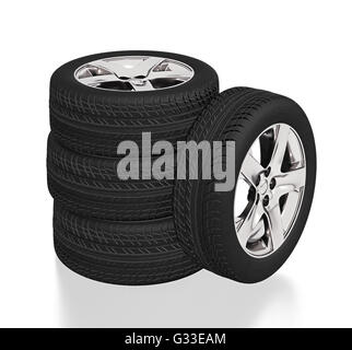 Quattro pneumatici per auto su sfondo bianco. Includere il percorso di clipping. 3d illustrazione Foto Stock