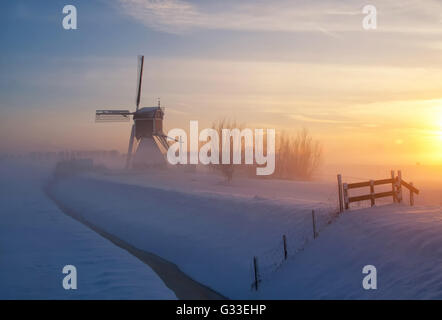 Mulino Wingerdse vicino Oud-Alblas nella regione olandese Alblasserwaard in una nebbiosa e paesaggio invernale Foto Stock