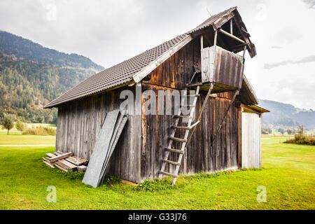 Un vecchio fienile in legno in Austria su un verde pascolo vibranti Foto Stock