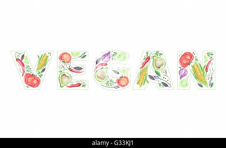 Creative stampa vegetariano con verdure cibo sano all'interno di lettere su sfondo bianco Foto Stock