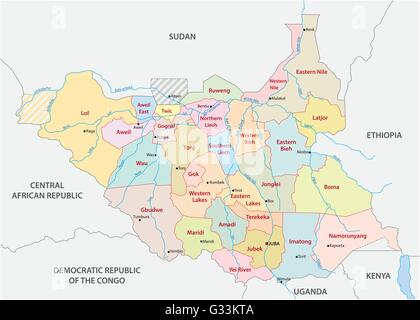 Vector politica e amministrativa di mappa della Repubblica del Sud Sudan Illustrazione Vettoriale