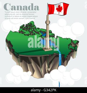 Canada paese una infografica mappa in 3d con il paese forma volare nel cielo con le nubi con la grande bandiera e laghi. Vecto digitale Illustrazione Vettoriale