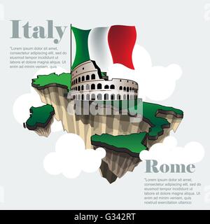 Italia paese una infografica mappa in 3d con il paese forma volare nel cielo di nuvole, grande bandiera e il colosseo. Vettore digitale Illustrazione Vettoriale
