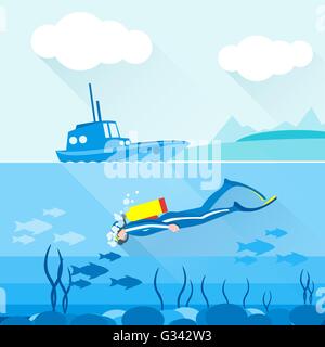 Scuba Diver esplorazione di fondo dell'oceano con alghe e pesci. Barca blu in corrispondenza della superficie dell'acqua, terra e nuvole bianche. Vettore digitale im Illustrazione Vettoriale