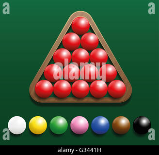 Snooker impostato con quindici palle rosse in un rack di legno e sette palle colorate in una fila. Tridimensionale di illustrazione. Foto Stock