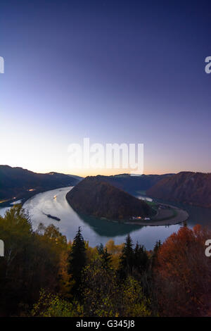 Schlögen ansa del Danubio con la nave da carico e nave di crociera, Austria, Oberösterreich, Austria superiore, , Haibach ob der Donau Foto Stock