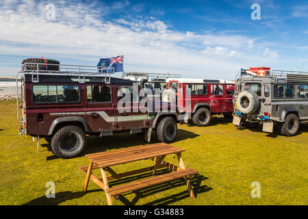 Land Rover il trasporto a Bluff cove, East Falkland, Isole Falkland, British territorio d oltremare. Foto Stock