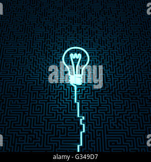 Idea Neon maze / 3D illustrazione del neon di sentiero che conduce al centro del labirinto gigante che termina nella luce incandescente il simbolo della lampadina Foto Stock