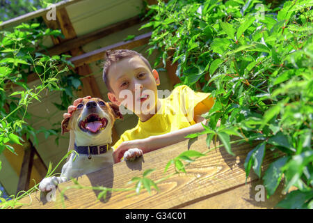 Ragazzo sorridente con il cane su treehouse. L'estate! Foto Stock