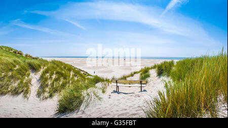 Splendido e tranquillo paesaggio di dune con banco idilliaca affacciato sul tedesco nel Mare del Nord e una lunga spiaggia sull'isola di Amrum, Schleswig-Holstein Foto Stock