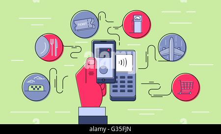 Il pagamento senza contatto tramite telefono cellulare. La tecnologia NFC. Pagamento per beni e servizi. Infografico contorno stile illustrazione. Illustrazione Vettoriale