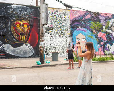 Migliaia versare in Bushwick di Brooklyn a New York per l'annuale collettivo Bushwick Block Party di sabato 4 giugno, 2016. Musica e partying portato alcuni ma la vera attrazione è stato il nuovo murales da "Graffiti" artisti che decorano le pareti degli edifici collettivo che la utilizza. (© Richard B. Levine) Foto Stock