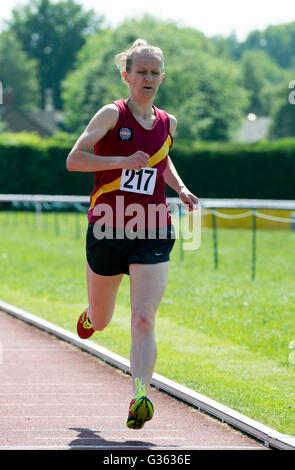 Masters atletica del Regno Unito. Atleta donna 800m in gara. Foto Stock