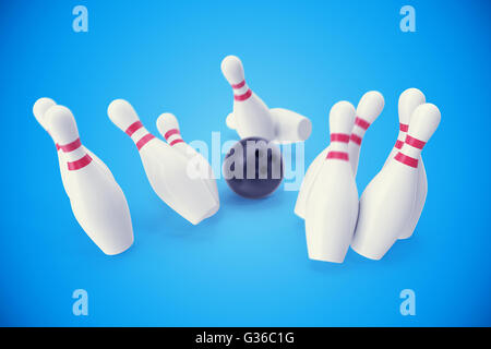 Bowling gioco, palla nera schiantarsi dentro i birilli. 3d illustrazione Foto Stock