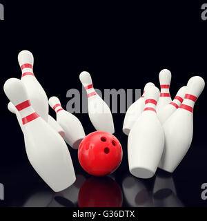 Bowling gioco con la palla rossa schiantarsi dentro i birilli. su nero backgorund. 3d illustrazione Foto Stock