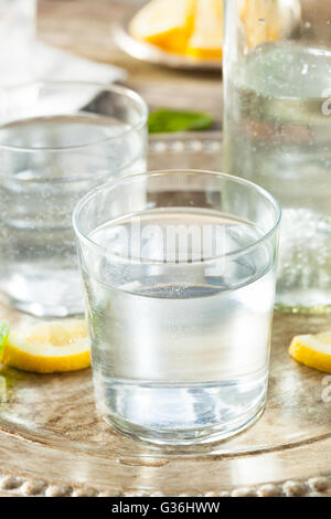 Chiara rinfrescante acqua frizzante con limone e menta Foto Stock