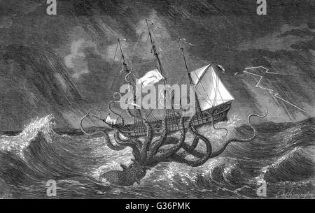 Un mitico Kraken attaccando una imbarcazione a vela durante una tempesta. Data: circa 1700 Foto Stock