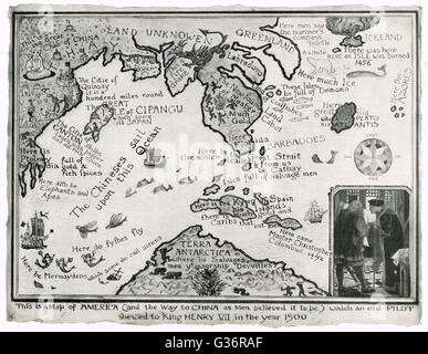 Mappa erronee di America e il modo per la Cina (come gli uomini credevano di essere) mostrata a Enrico VII nel 1500 Foto Stock