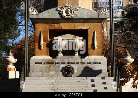 Dettaglio della fiamma eterna e 2 maggio / Obelisco Obelisco 2 de Mayo memorial nella Plaza de la Lealtad, Madrid, Spagna Foto Stock