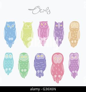 Set di vettore di vari gufi, dieci gufi Illustrazione Vettoriale