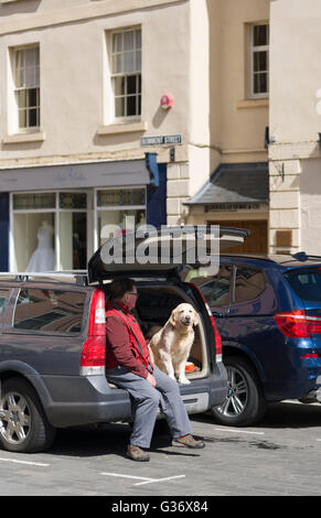 Un uomo si siede con i suoi cani nel portellone della sua auto in una giornata di sole in piazza del mercato, a Kelso, Scozia Foto Stock