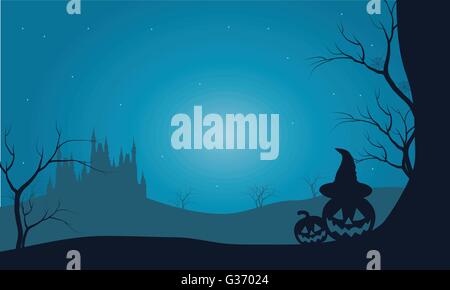 Zucche di Halloween e castello con uno scenario di nebbia Illustrazione Vettoriale