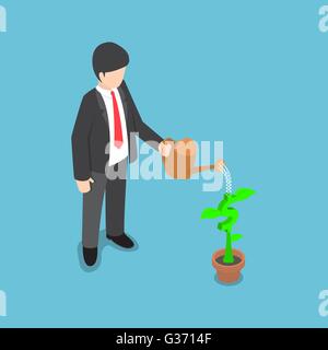 Imprenditore isometrica del dollaro di irrigazione di piante e fiori, crescita finanziaria, il concetto di investimento, vettore EPS10 Illustrazione Vettoriale