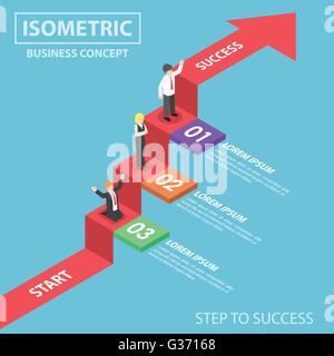 Gli imprenditori sul grafico di business scaletta, passo verso il successo, piatto 3d isometrica web design infographics, vettore EPS10 Illustrazione Vettoriale