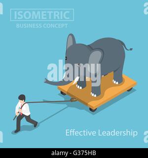 Imprenditore isometrica tirare elefante che in piedi sul carrello, una leadership efficace, potenza, privazioni, carriera concetto degli oneri Illustrazione Vettoriale