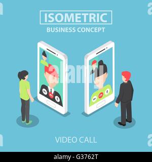 Imprenditore isometrica effettuare una videochiamata con il suo collega sullo smartphone, vettore EPS10 Illustrazione Vettoriale