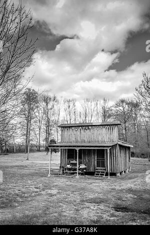 Un rustico di cabina in legno in stile vintage general store si siede in una radura con boschi e nuvole drammatico tettuccio di B&W Foto Stock