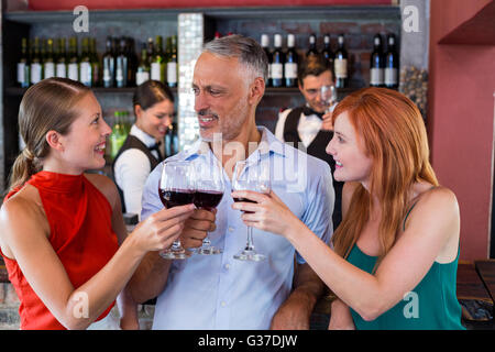 Amici bevendo un bicchiere di vino rosso in un bar Foto Stock