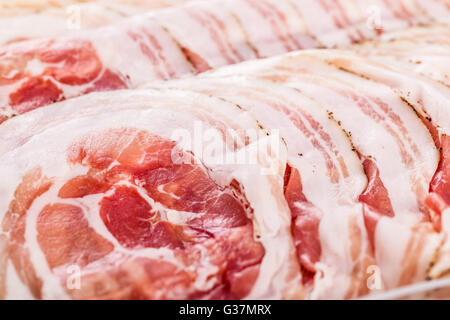 Immagine ravvicinata di italiano pancetta arrotolata chiamato Pancetta piacentina Foto Stock