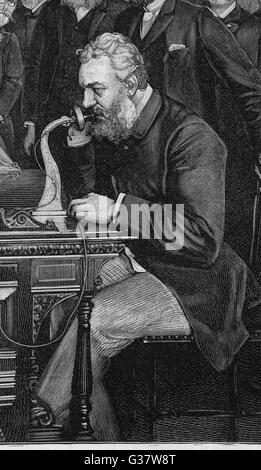 ALEXANDER Graham Bell inventore americano ed educatore inaugura il New York- telefono di Chicago il 18 ottobre 1892 Data: 1847 - 1922 Foto Stock