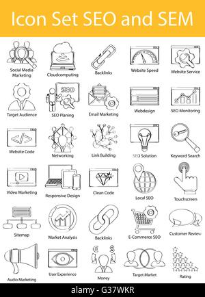 Disegnate Doodle rivestite Icon Set SEO e SEM con 30 icone per un utilizzo creativo in graphic design Illustrazione Vettoriale