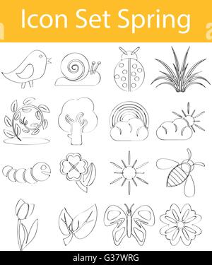 Disegnate Doodle rivestite Icon Set molla con 16 icone per un utilizzo creativo in graphic design Illustrazione Vettoriale