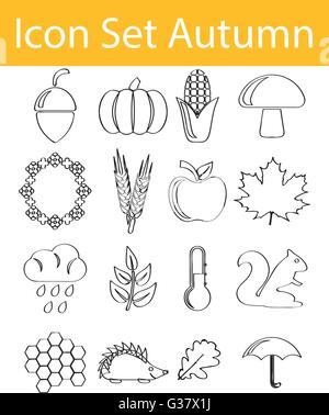 Disegnate Doodle rivestite Icon Set autunno con 16 icone per un utilizzo creativo in graphic design Illustrazione Vettoriale