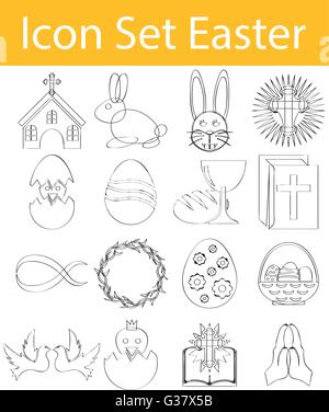 Disegnate Doodle Icona rivestito insieme la Pasqua con 16 icone per un utilizzo creativo in graphic design Illustrazione Vettoriale