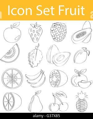 Disegnate Doodle rivestite Icon Set frutta con 16 icone per un utilizzo creativo in graphic design Illustrazione Vettoriale