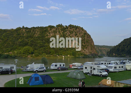 Campeggio, St Goar an der Lorelei, Renania-Palatinato, Germania Foto Stock