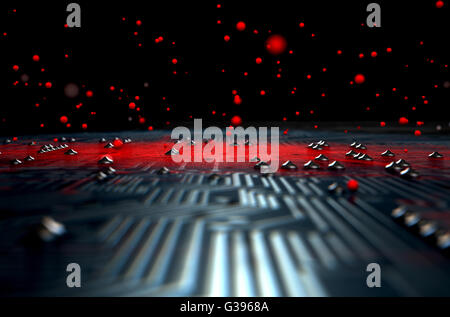 Un 3D rendering di una macro vista di una scheda a circuito stampato con un rosso infezione apparente diffusione di virus dal centro Foto Stock