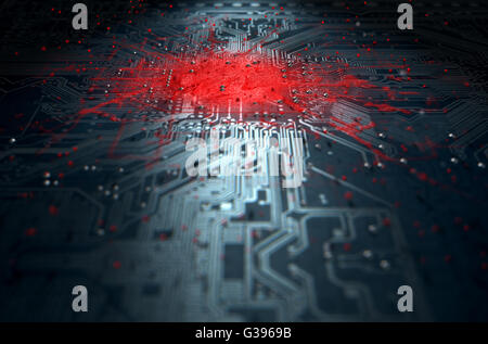 Un 3D rendering di una macro vista di una scheda a circuito stampato con un rosso infezione apparente diffusione di virus dal centro Foto Stock