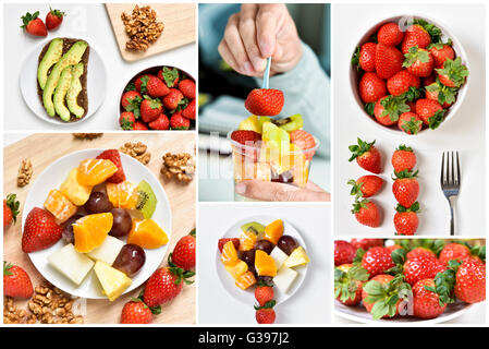 Un collage di sei foto del collage di diversi piatti realizzati con frutti come avocado, fragole, arancio, kiwi o uva Foto Stock